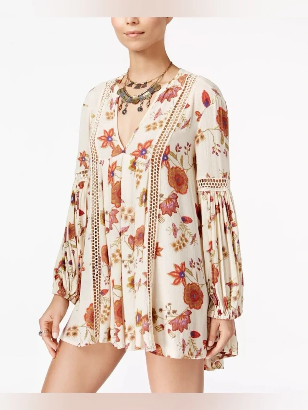 Free People Just the Two of Us Floral Tunic Dress in Cream Soft Coral Size Small